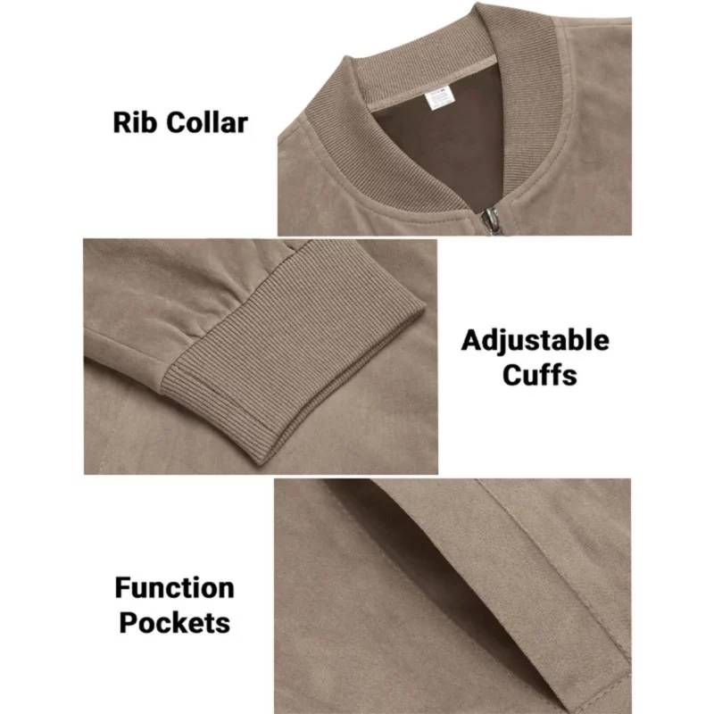 Mens Retro Suede Bomber Leather Jacket Autumn Winter Streetwear Long Sleeve Full Zip Coat Outerwears Windproof Baseball Jackets - Image 3