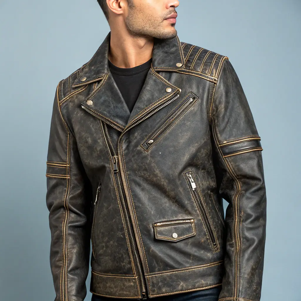 Leather Biker Jacket - Brown